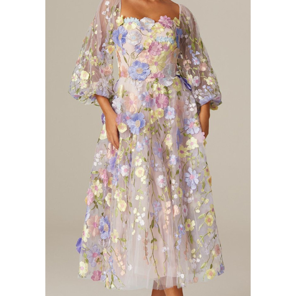 Floral Embroidered Midi Dress in Pastel Multi